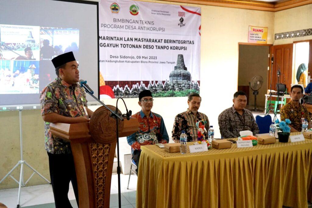 Bupati Blora Arief Rohman saat memberi sambutan pada Bimtek Pencegahan Korupsi untuk Pemerintah Desa, Selasa (9/5/2023). Sumber Foto: blorakab.go.id