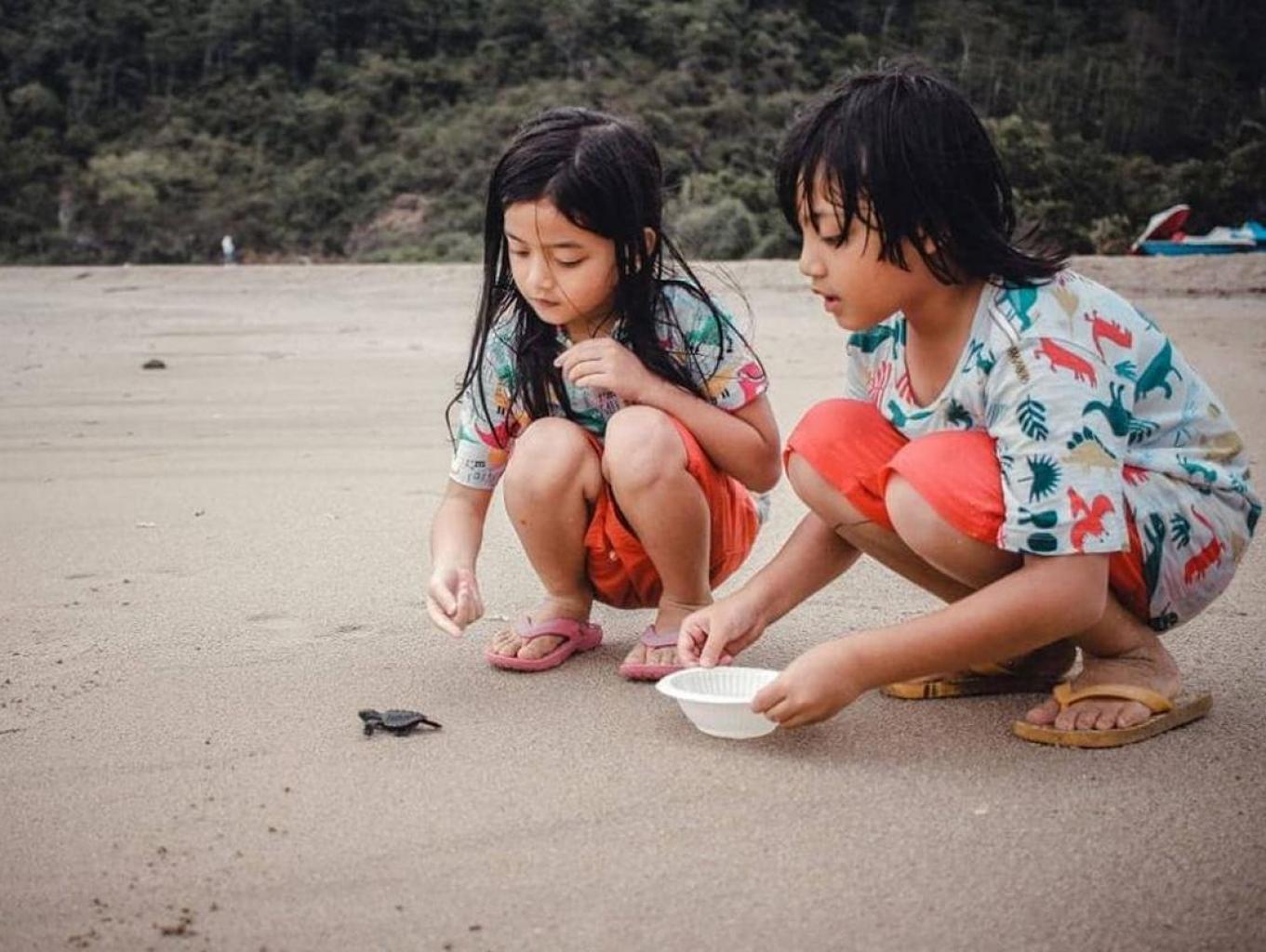 Wisatawan balita senang melepas liarkan penyu di Pantai Minang Rua. Sumber foto : Dokumentasi Kemenparekraf.