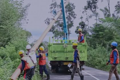 Petugas PLN melakukan pekerjaan pemasangan tiang listrik di Desa Ngancar, NTT. Sumber Foto: Niaga.Asia