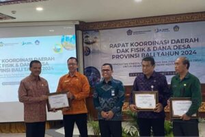 Sekretaris Daerah Provinsi Bali Dewa Made Indra (Kiri) saat menyerahkan penghargaan kepada pemerintah daerah di Provinsi Bali terkait penyerapan DAK Fisik dan Dana Desa di Denpasar. Sumber foto : Antara