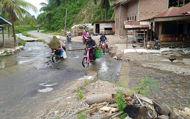 Jalan Rusak Berlubang Penuh Kubangan Air di Desa Pulo Gadung. Sumber Foto: Dok. www.habaaceh.id