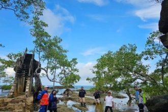 Sekretaris Camat Kelumpang Selatan, Sugeng bersama pihak yang lain mengunjungi objek wisata di Desa Tanjung Pangga.