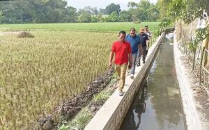 Kepala Desa Sindetlami Saiful Bahri dan sejumlah perangkat desa saat meninjau kondisi saluran irigasi di Dusun Taman yang rampung dibangun. Sumber : radarbromo.jawapos.com