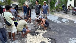 Sejumlah anggota komunitas sopir angkutan wisata di Nusa Penida sempat memperbaiki jalan rusak secara mandiri. Sumber: Radarbali