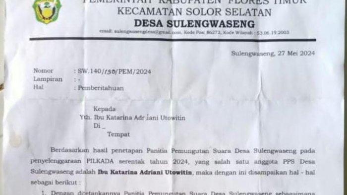 Surat pemberhentian Katarina Adriani Utowitin sebagai seorang guru PAUD di Desa Sulengwaseng, Kecamatan Solor Selatan, Kabupaten Flores Timur. Sumber: Istimewa