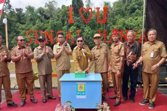 Bupati Halikinnor bersama pejabat dan undangan lainnya saat meresmikan penggunaan listrik PLN di Desa Sungai Hanya Kecamatan Antang Kalang.