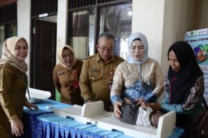 Penjabat (Pj) Bupati Tapin M Syarifuddin (tengah) saat memantau pengukuran tinggi badan balita pada kegiatan Gebyar Gerakan Pencegahan Stunting Serentak 2024 di Desa Antasari Hilir, Kecamatan Tapin Utara, Kabupaten Tapin, Kalimantan Selatan.