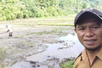 Kepala Desa Wewemo, Usman Modjo menampakan proses pembajakan sawah yang ada di desanya. Sumber: Dok. Tribun