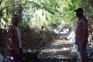 Kades Sepuh Gembol Kusnadi mengawasi langsung pengerjaan pembangunan jalan paving sepanjang 340 meter di Dusun Sak-sak. Sumber : radarbromo.jawapos.com