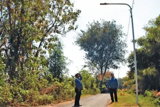 Kepala Desa Pohsangit Ngisor Nijar meninjau hasil pemasangan PJU di jalan Dusun Krasak. Pengadaan PJU ini dialokasikan dari dana desa tahap pertama 2024. Sumber : radarbromo.jawapos.com
