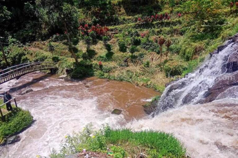 Seorang pengunjung berdiri memandangi Air Terjun Niagara Mini yang berada di Dusun Blawan, Desa Kalianyar, Kecamatan Ijen, Kabupaten Bondowoso. Sumber : Deni Ahmad Wijaya/BeritaJatim.com