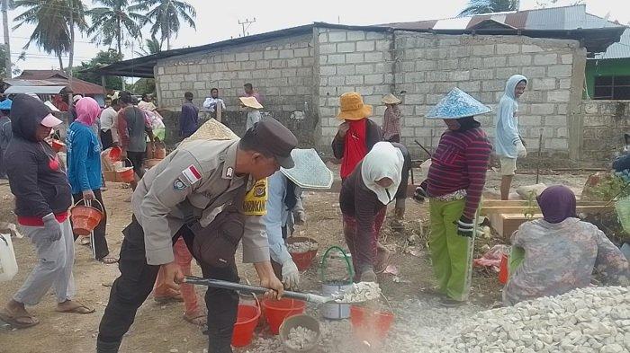 Bripka Sumantri ikut mengerjakan jalan rabat di Desa Lekunik. Sumber foto : Pos-Kupang