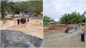 Jalan transmigrasi di Desa Sidomulyo, Kecamatan Mantewe, Kabupaten Tanahbumbu, terendam air.