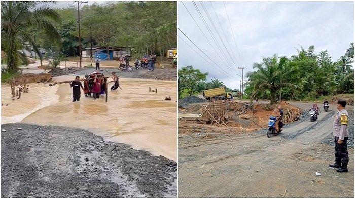 Jalan transmigrasi di Desa Sidomulyo, Kecamatan Mantewe, Kabupaten Tanahbumbu, terendam air.