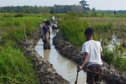 Petani di Desa Pematang, Kecamatan Awayan, Kabupaten Balangan buka saluran air secara manual untuk optimalkan lahan pertanian.