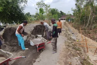 PAVINGISASI: Pemerintah Desa Dampit, Kecamatan Bringin, gencar melaksanakan pavingisasi demi kemudahan mobilitas warga. Sumber : SATRIO JATI/RADAR NGAWI