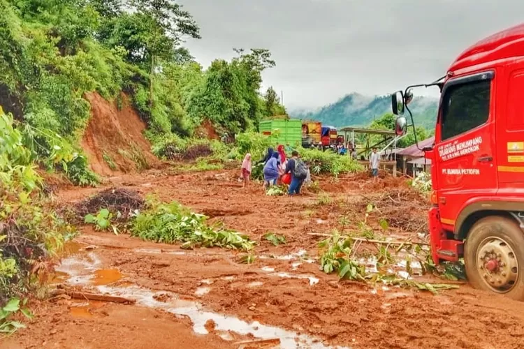 Kondisi jalan Trans Sulawesi ruas Desa Bungintimbe yang dipenuhi lumpur akibat banjir. Sumber: metrosulteng.com.