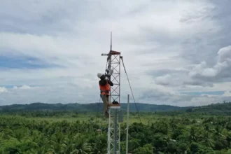 Petugas Bakti Kominfo merakit jaringan tower BTS. Sumber: headtopics.com.