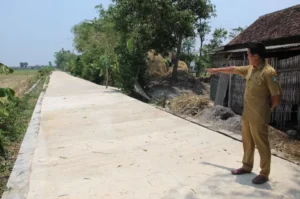 Sekdes Sumberagung Kecamatan Peterongan Haris Andi Lesmono saat menunjukkan hasil pembangunan rabat beton jalan usaha tani (JUT). Sumber : Anggi Fridianto