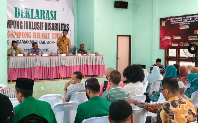 Keuchik Reuhat Tuha Heriandi pada saat sambutan Deklarasi Gampong Inklusif Disabilitas. Sumber:posaceh.com