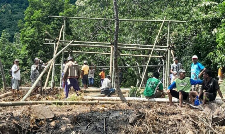Warga dua dusun di desa Satar Lenda gotong royong bangun kantor desa secara swadaya. Sumber foto : Istimewa