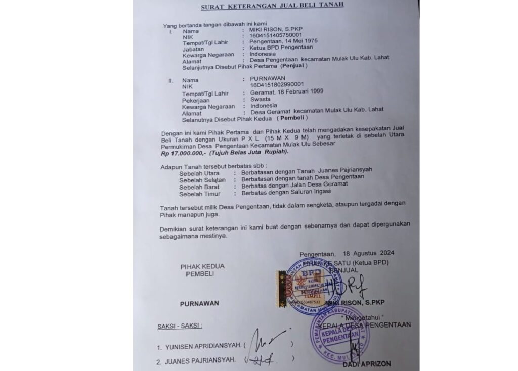 Surat Keterangan Jual Beli Tanah yang di tanda tangani oleh Kepala BPD dan Kades Pangentan. Sumber: sriwijayamedia.com