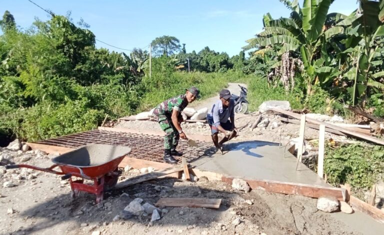 Babinsa Koramil bersama warga Kampung Biha gotong royong bangun jembatan. Sumber : Nabire.net