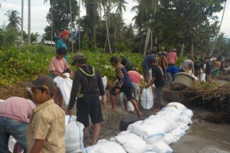 Sejumlah warga saat membangun tanggul pencegah banjir di Desa Galeso. Sumber: Tribun-timur.com